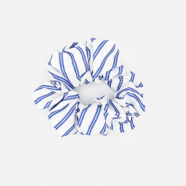 Load image into Gallery viewer, White scrunchie with blue stripes
