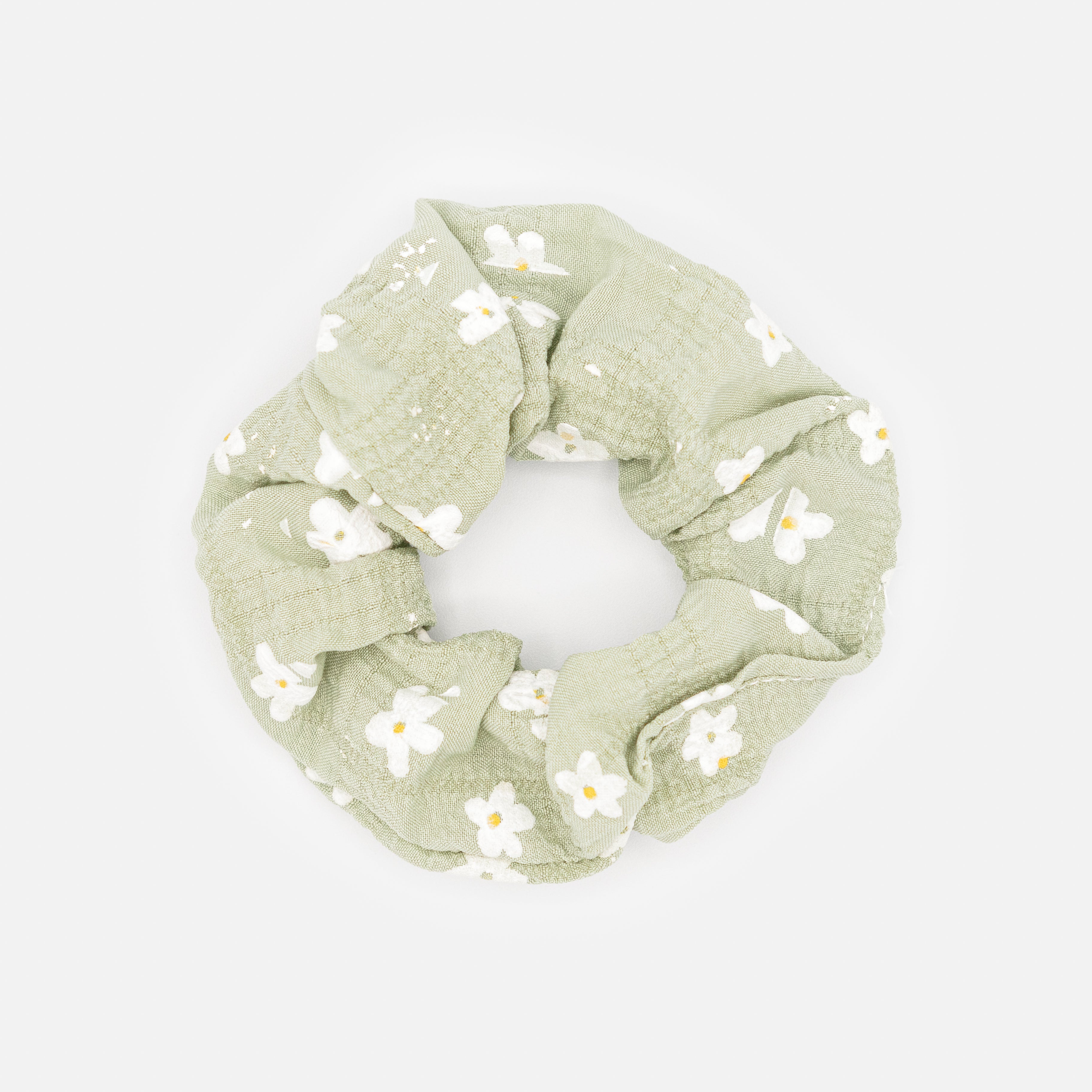 Chouchou verts sauge avec imprimé petites fleurs blanches