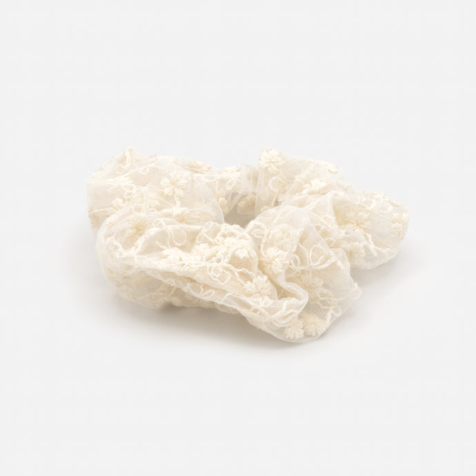 Ivory mesh scrunchie with small embroidered flowers