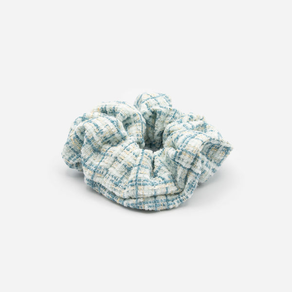 Load image into Gallery viewer, Pale green and steel blue tweed scrunchie
