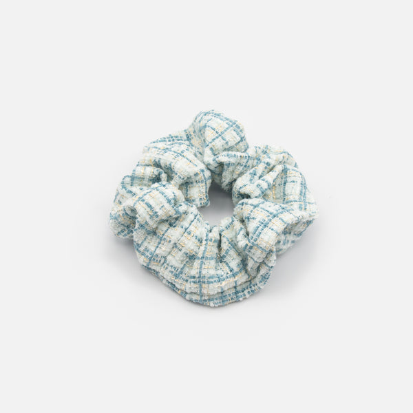 Load image into Gallery viewer, Pale green and steel blue tweed scrunchie
