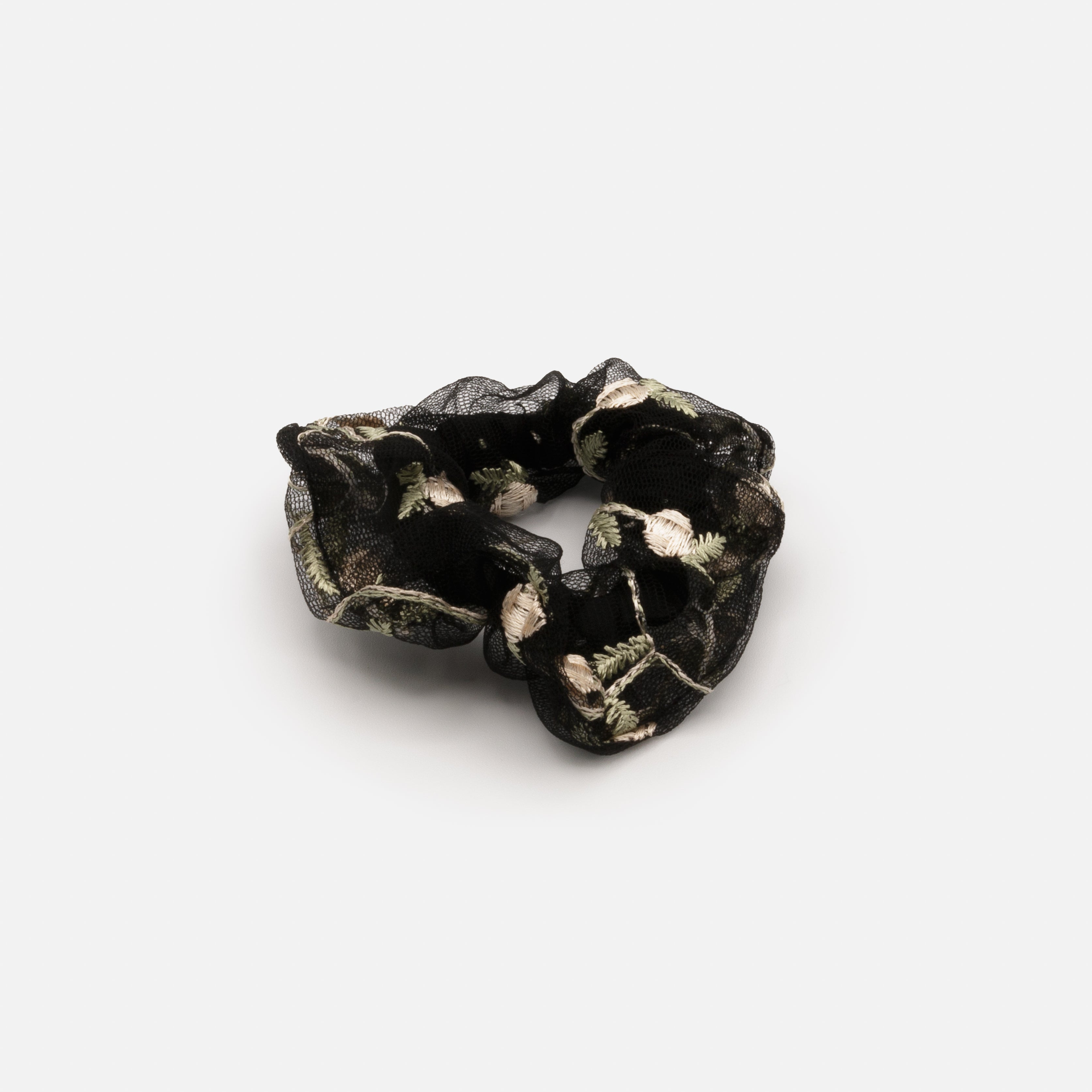 Black scrunchie with embroidered flowers