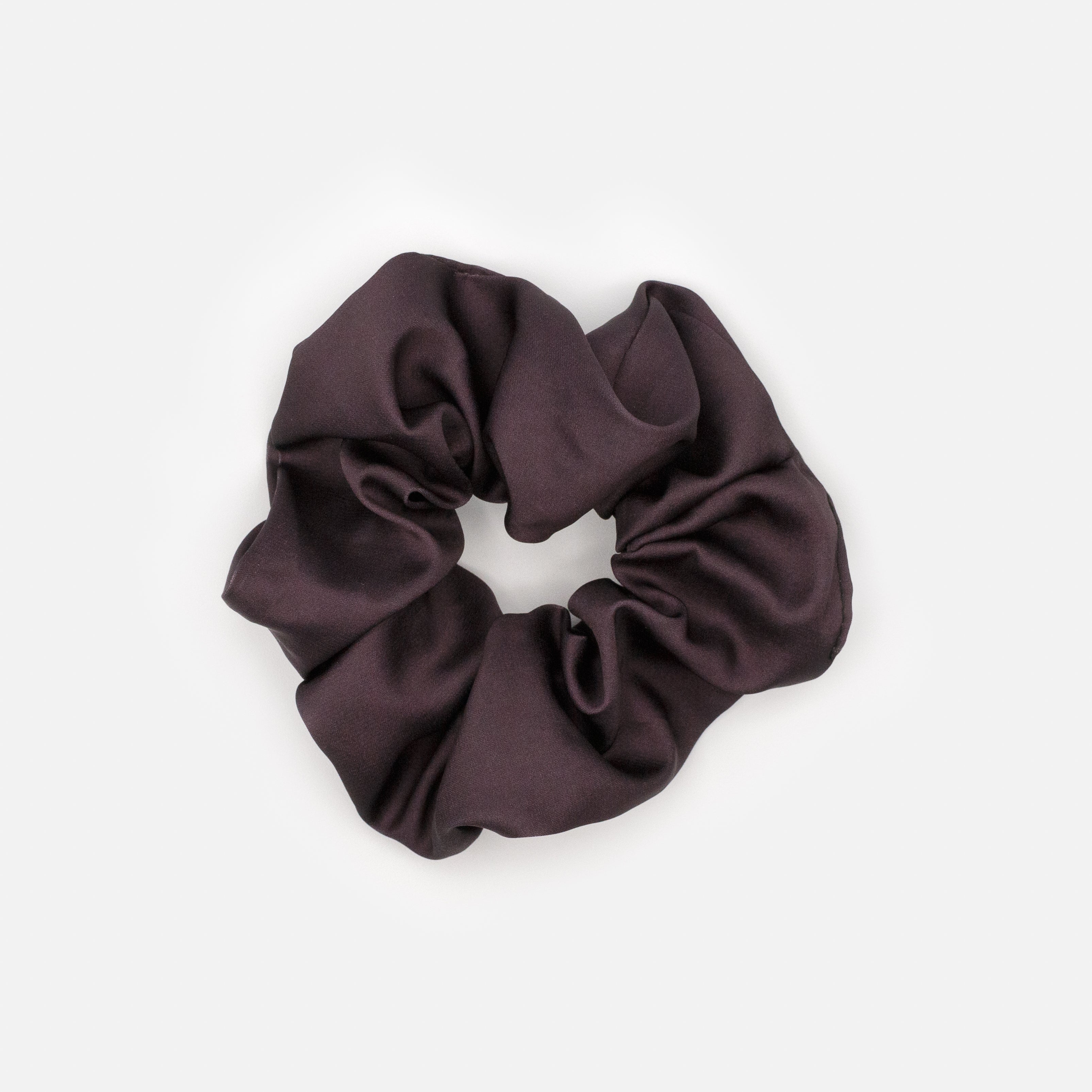 Trio of pale blue, dark mauve &amp; patterned satin scrunchies
