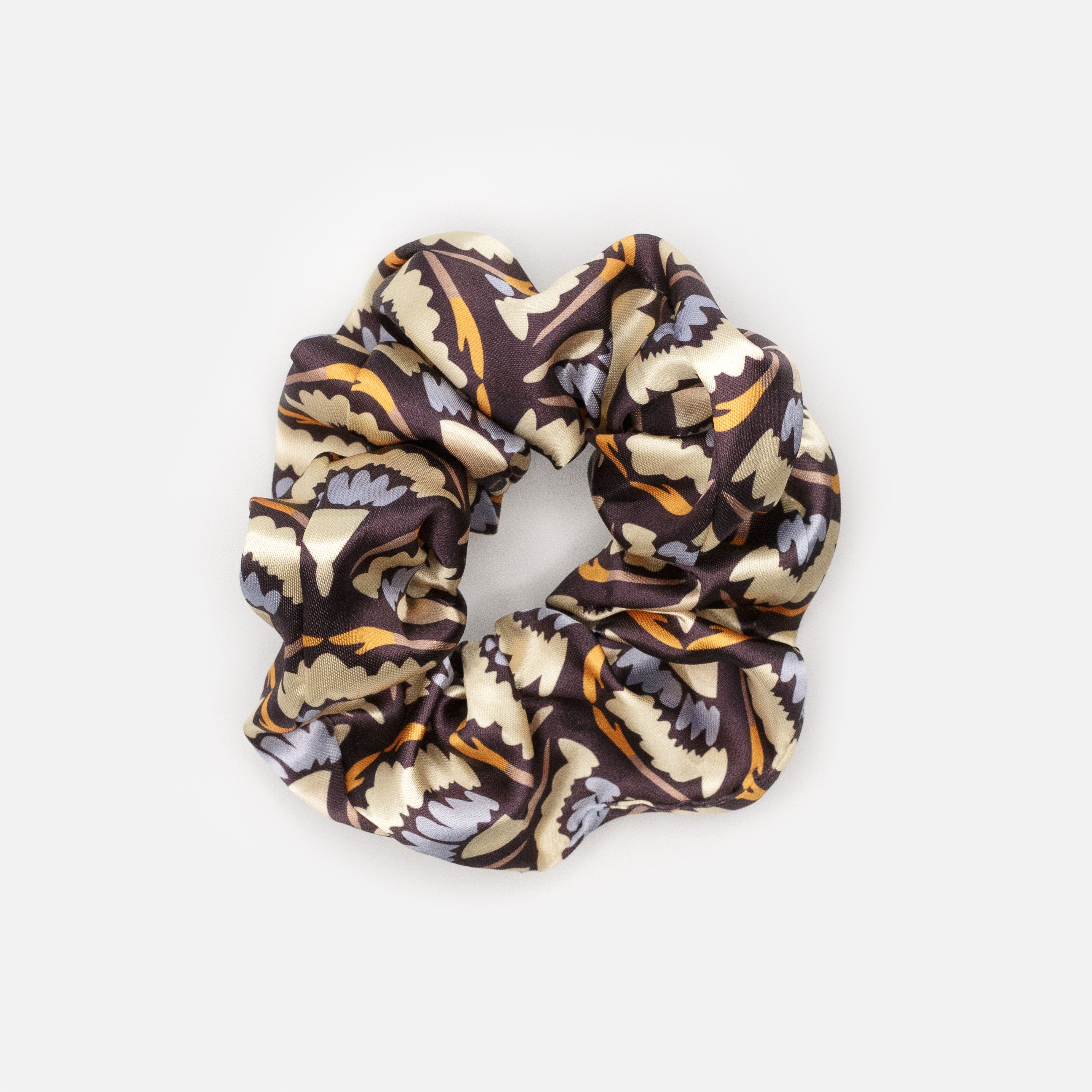 Trio of pale blue, dark mauve &amp; patterned satin scrunchies