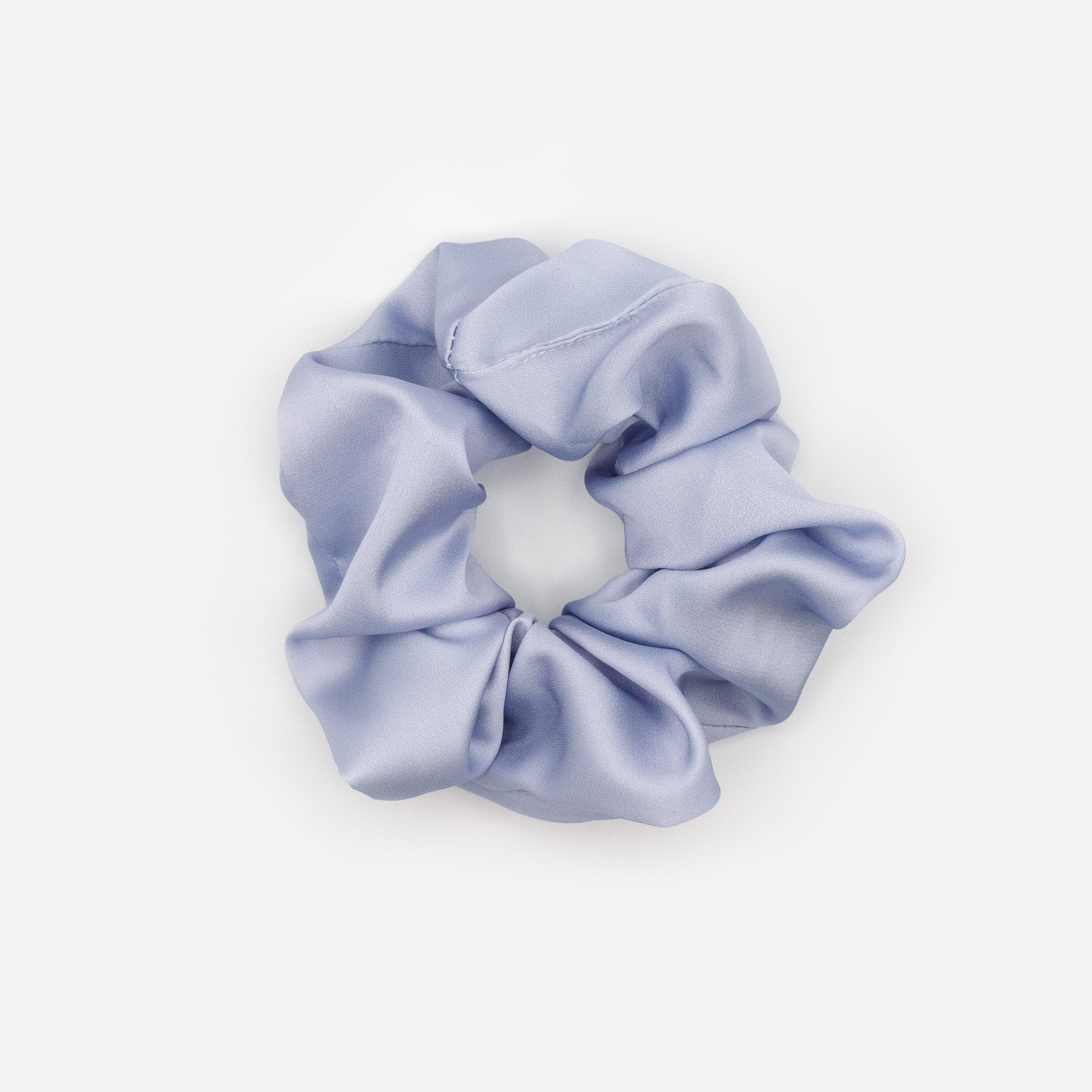 Trio of pale blue, dark mauve &amp; patterned satin scrunchies