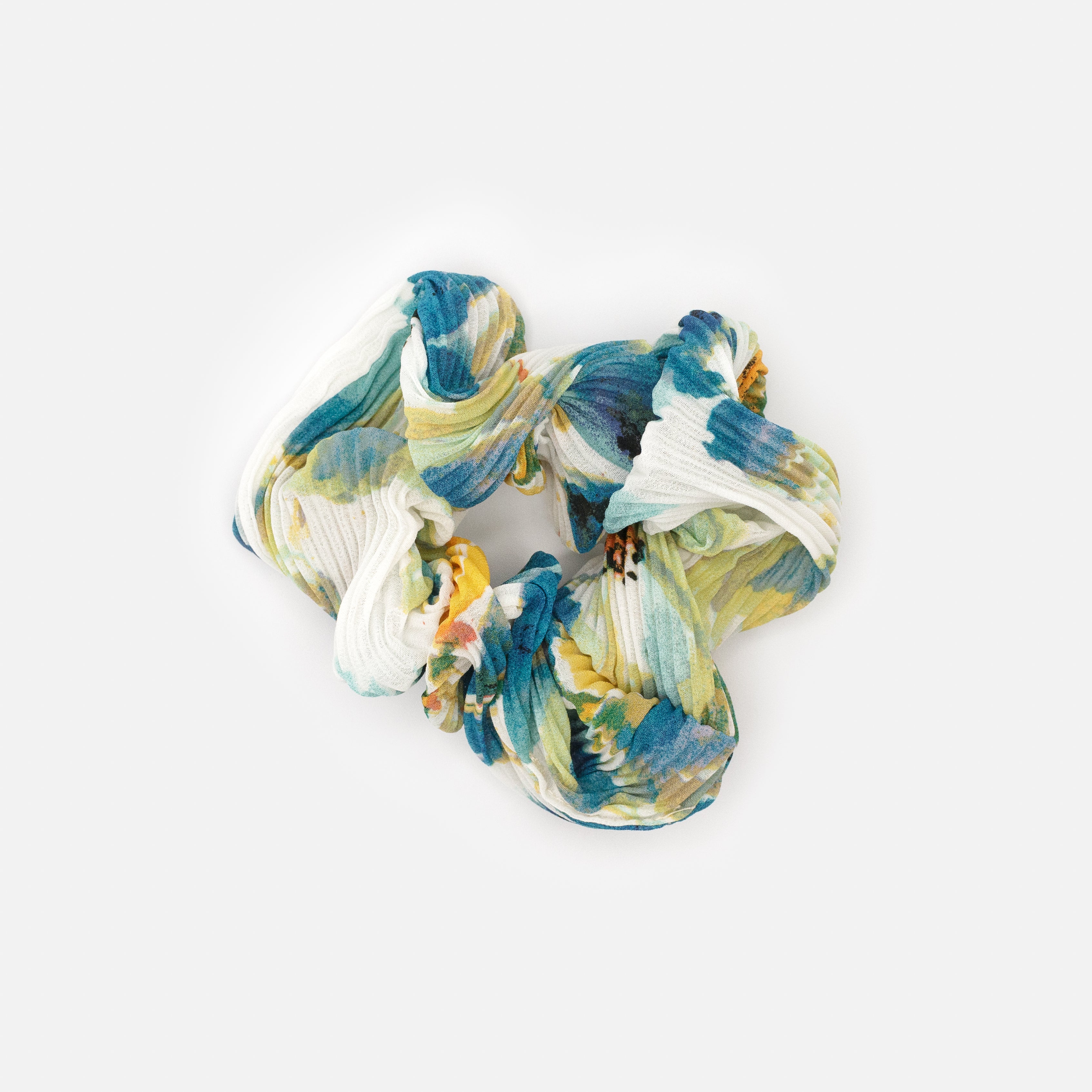 Aqua Blue &amp; Yellow Patterned Ribbed Scrunchie