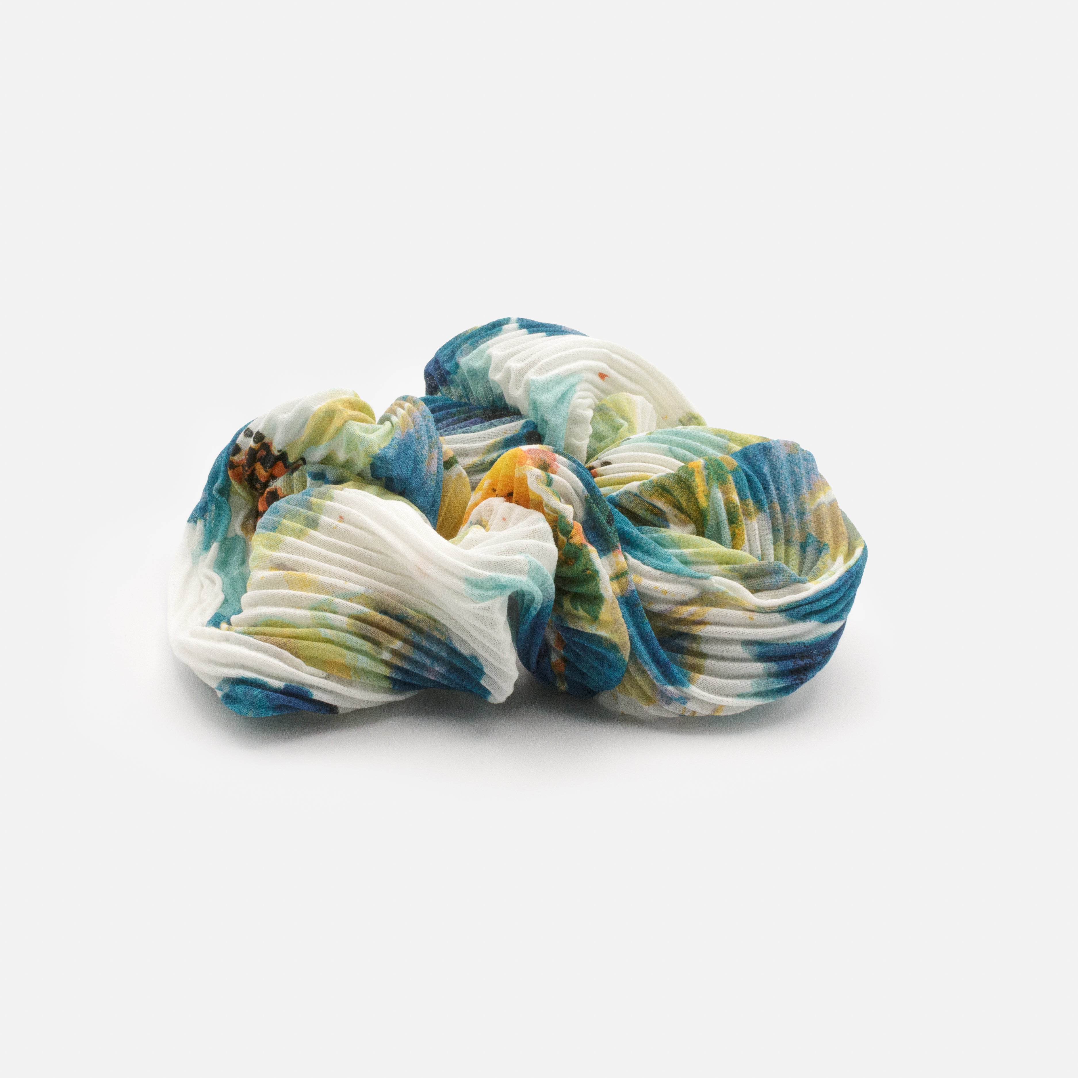 Aqua Blue &amp; Yellow Patterned Ribbed Scrunchie