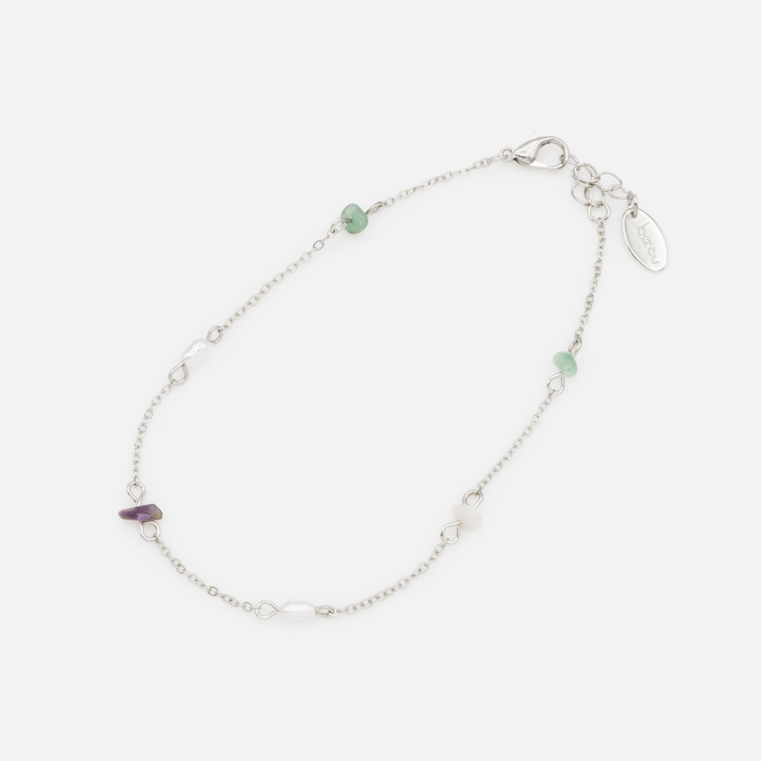 Chaîne de cheville argentée avec perles et pierres de couleur