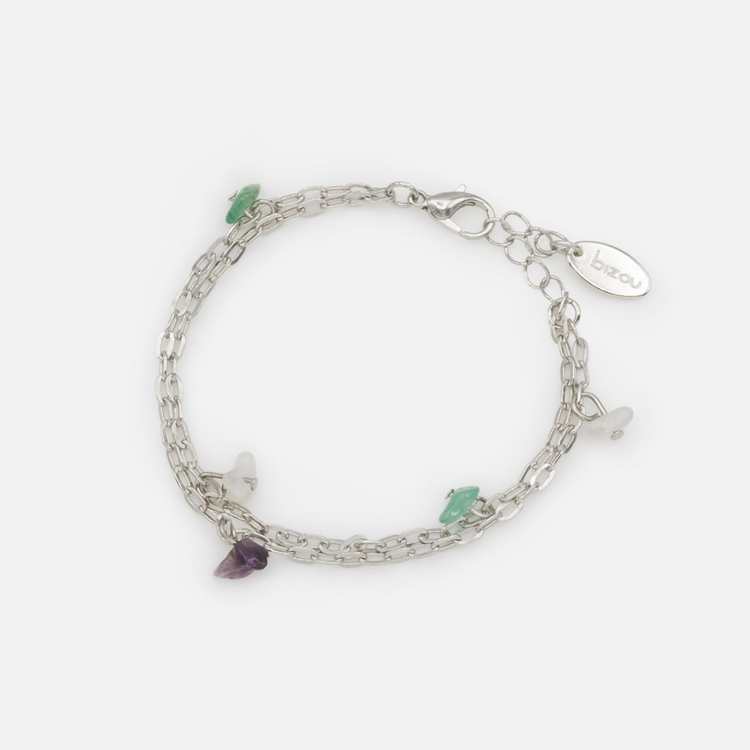 Bracelet double chaîne argenté avec pierres colorées