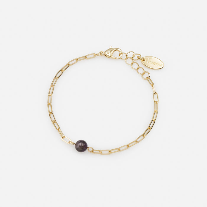 Bracelet doré à mailles trombone avec pierre sphérique mauve
