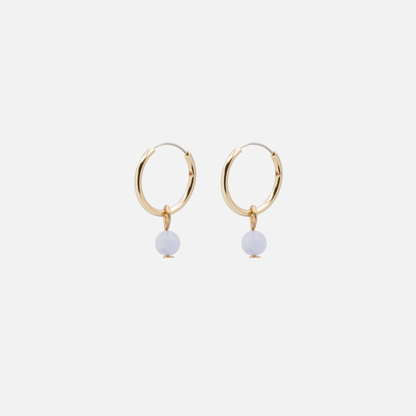 Load image into Gallery viewer, Golden hoop earrings with pale blue round stone charm
