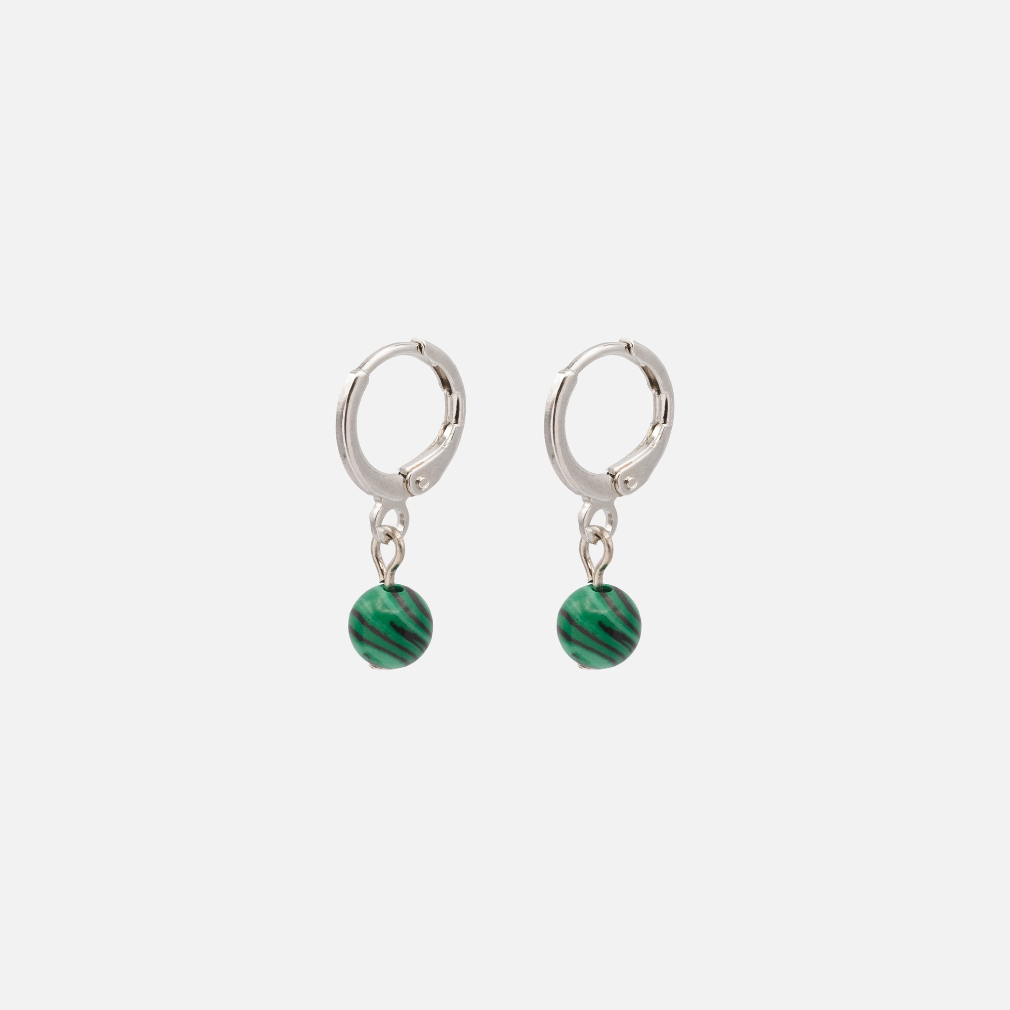 Silver hoop earrings with green zebra stone charm