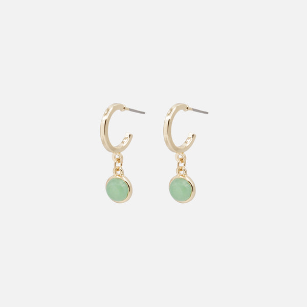 Load image into Gallery viewer, Open golden hoop earrings with pale green round stone charm
