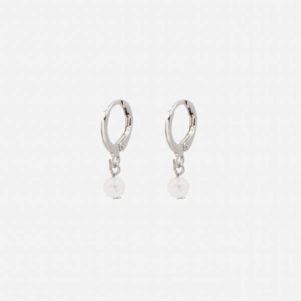 Load image into Gallery viewer, Silver hoop earrings with white round stone charm
