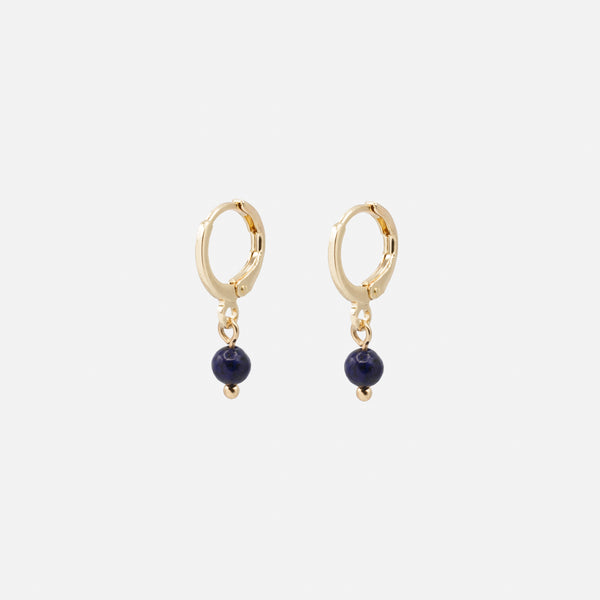 Load image into Gallery viewer, Gold hoop earrings with navy round stone charm
