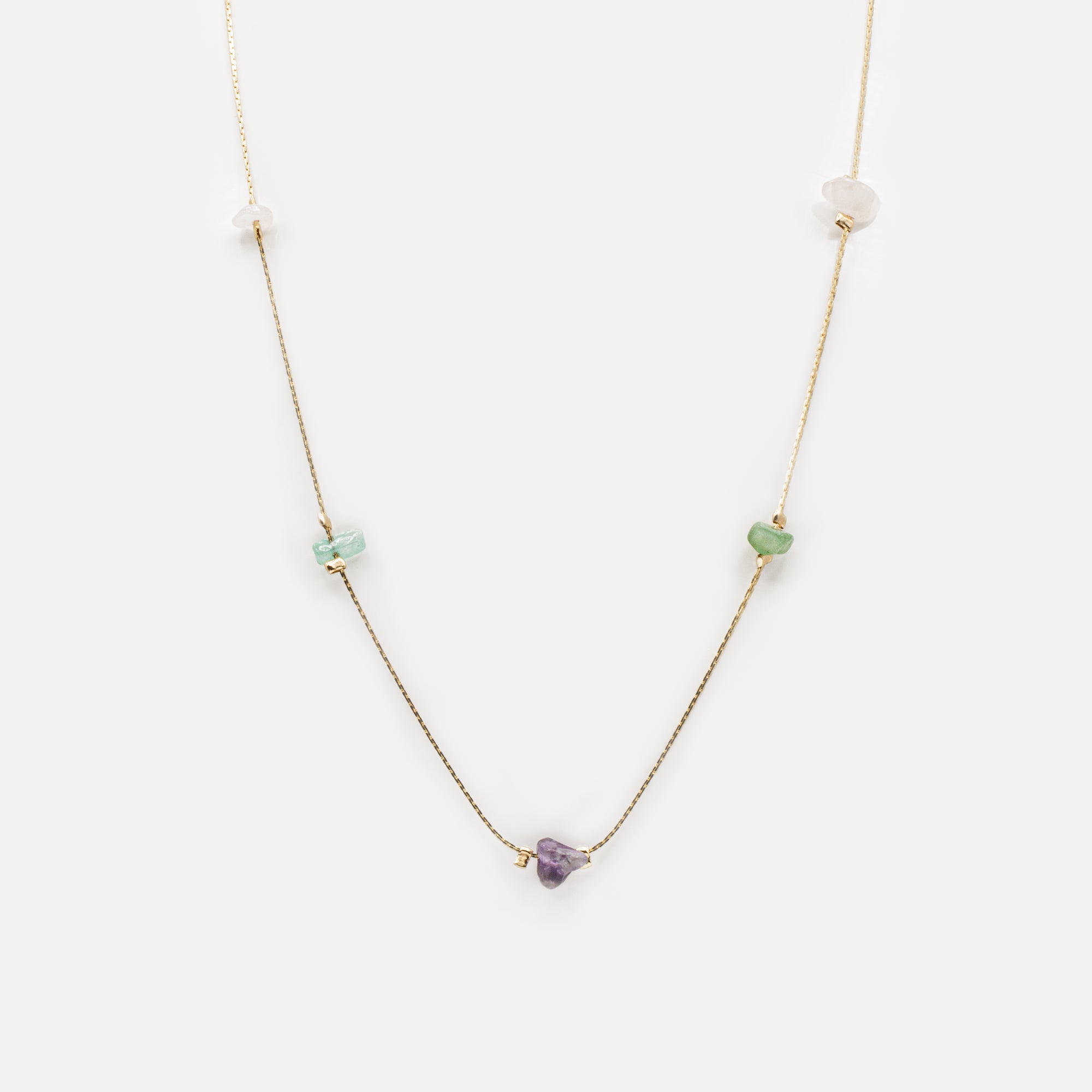 Gold necklace with flat links and colored stones