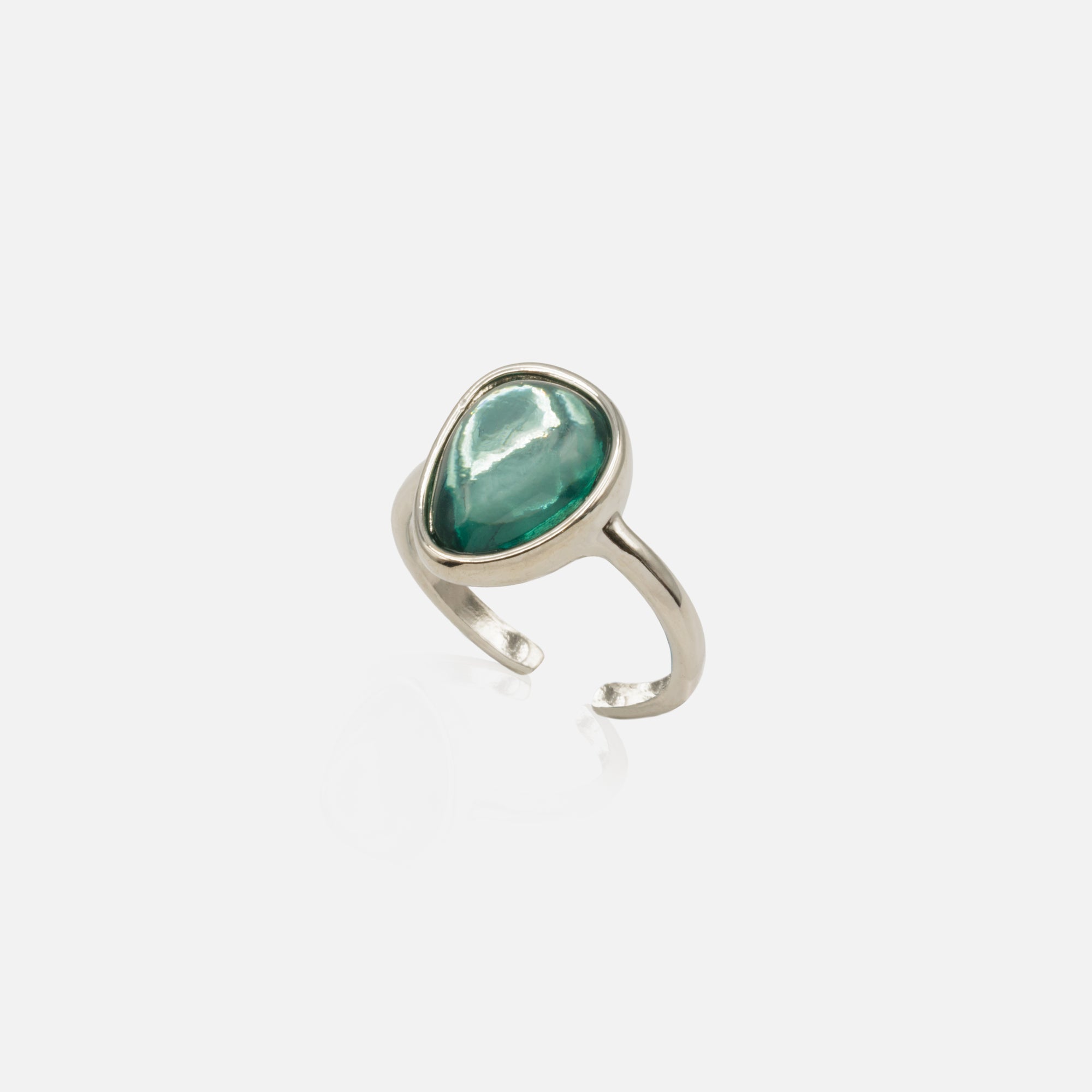 Bague ouverte argentée pierre turquoise translucide