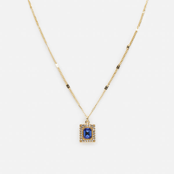 Charger l&#39;image dans la galerie, Collier doré pendentif pierre saphir octogonale encadrée de zircons cubiques
