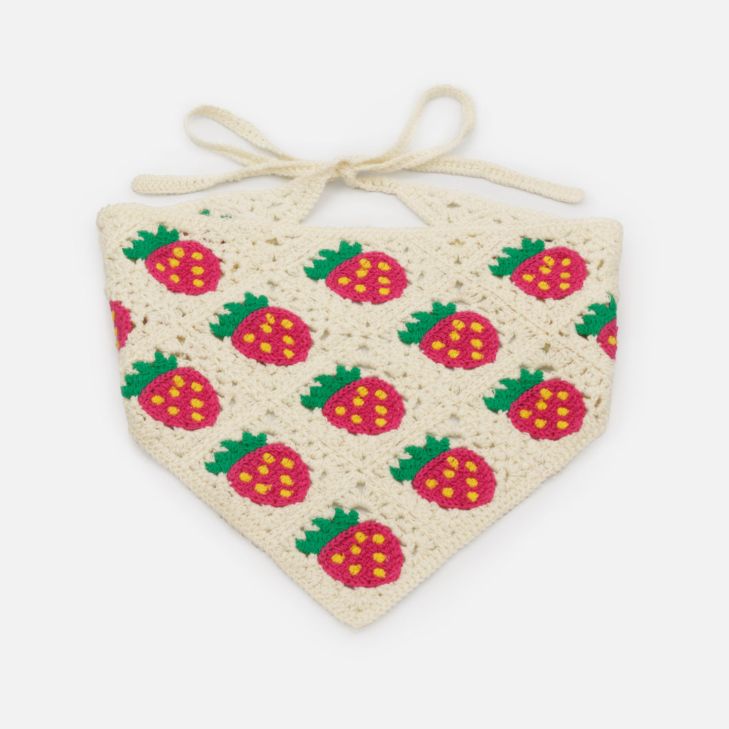 Crochet bandana with pink strawberries