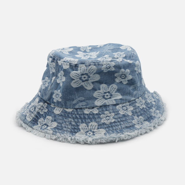 Load image into Gallery viewer, Denim cloche hat with flower embroidery and fringe trim
