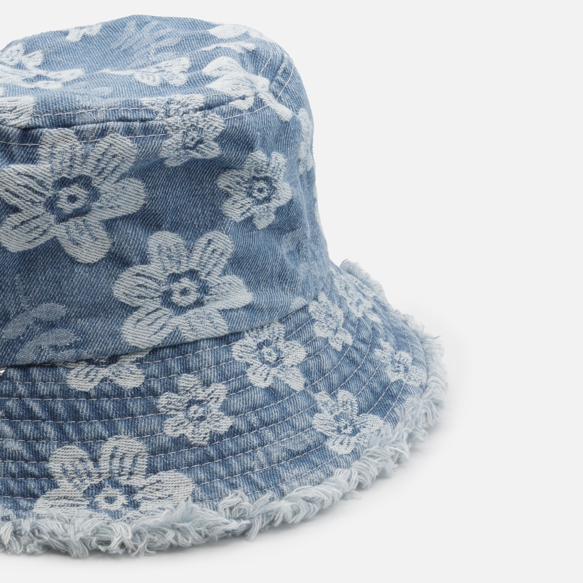 Denim cloche hat with flower embroidery and fringe trim