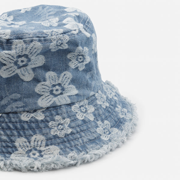 Load image into Gallery viewer, Denim cloche hat with flower embroidery and fringe trim
