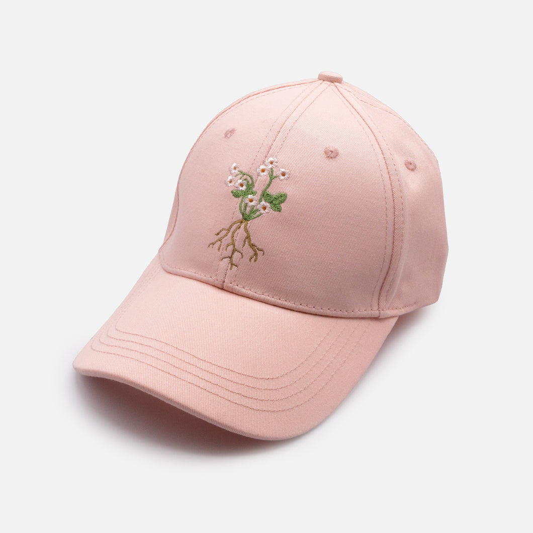 Pale pink cap with embroidered stem flowers