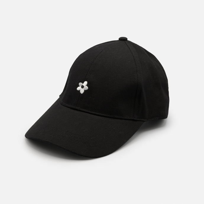Black cap with white flower embroidery