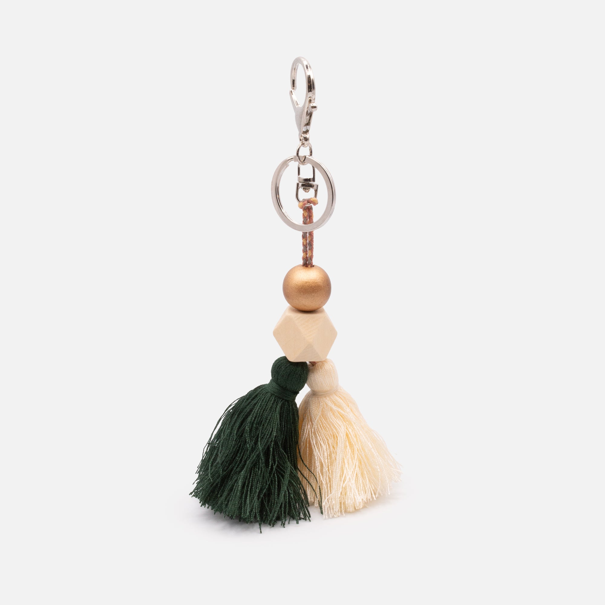 Golden keyring with tassels and wooden beads