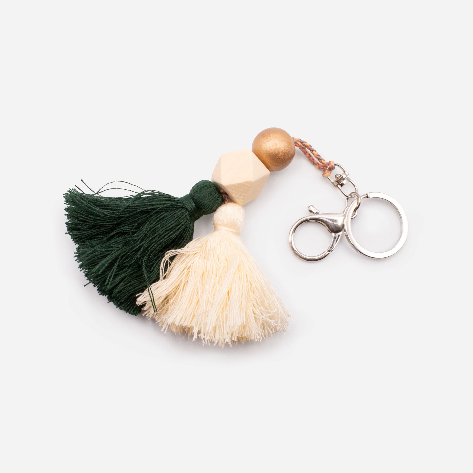 Golden keyring with tassels and wooden beads