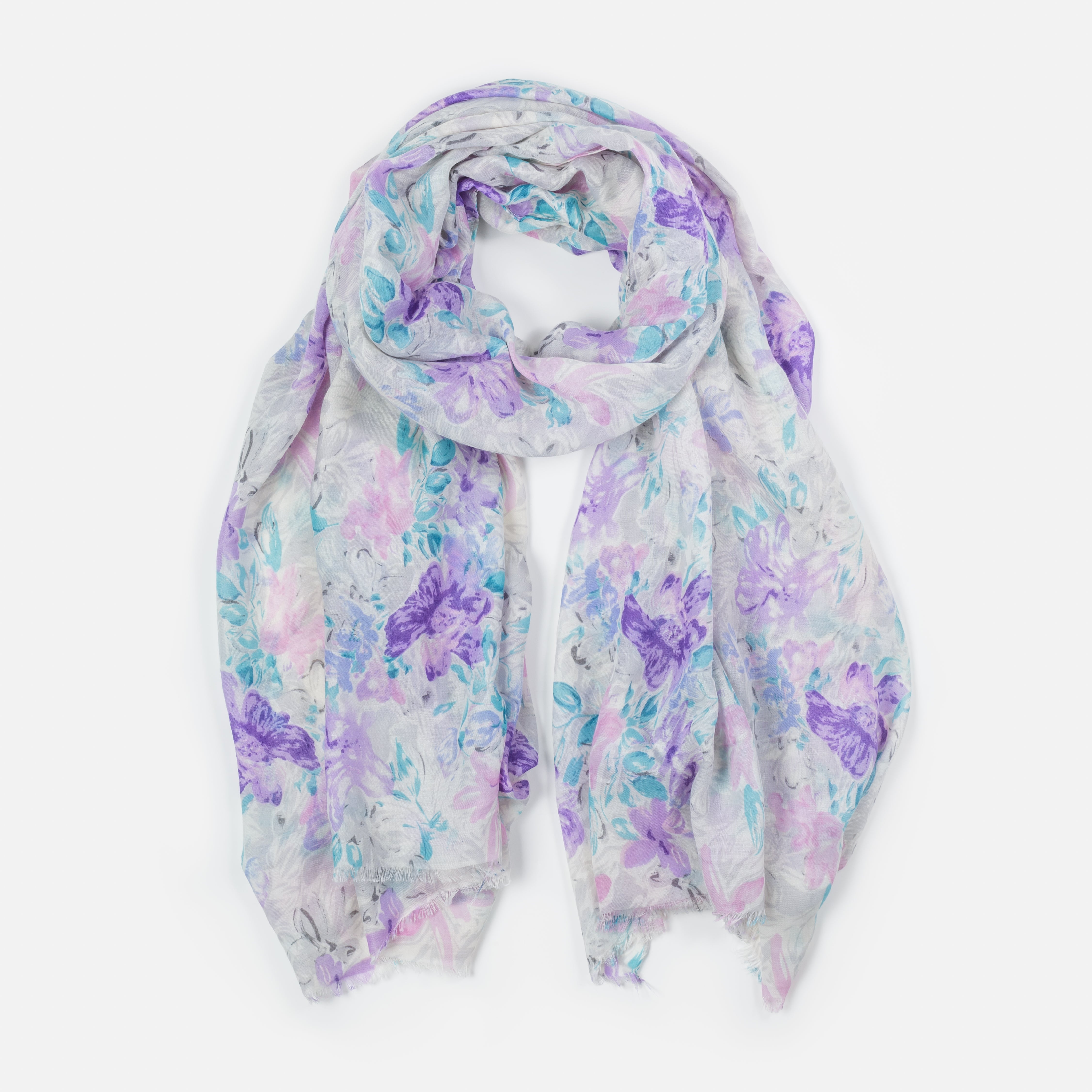 Foulard léger imprimé floral mauve rose et bleu