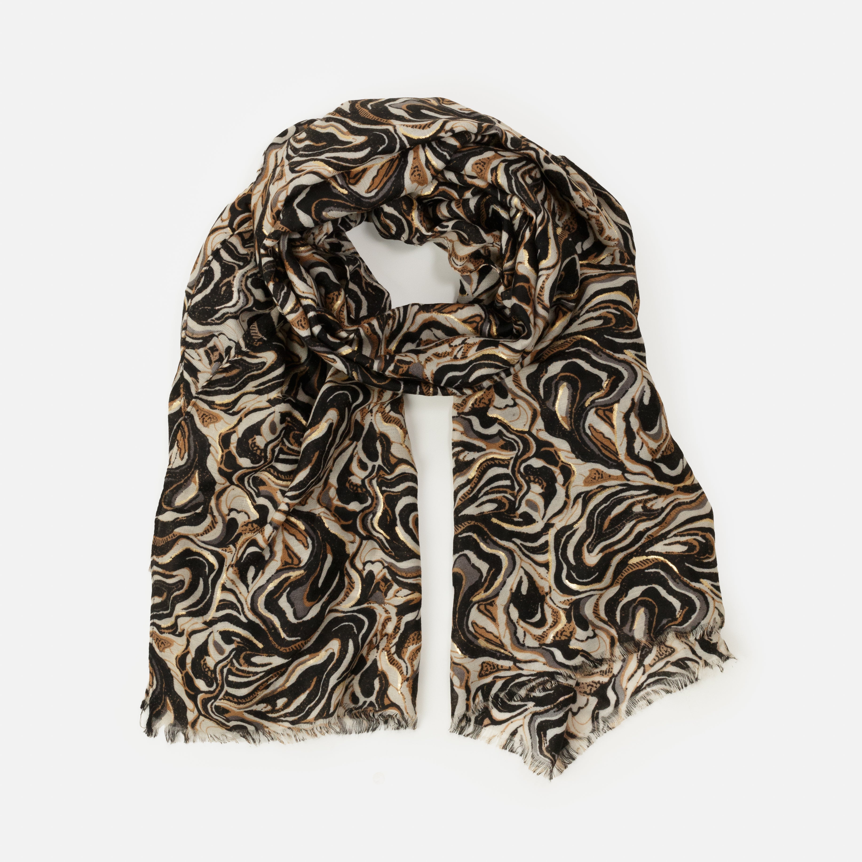 Foulard léger imprimé à motif abstrait noir et brun avec touches dorées