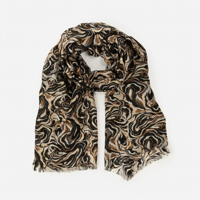 Foulard léger imprimé à motif abstrait noir et brun avec touches dorées