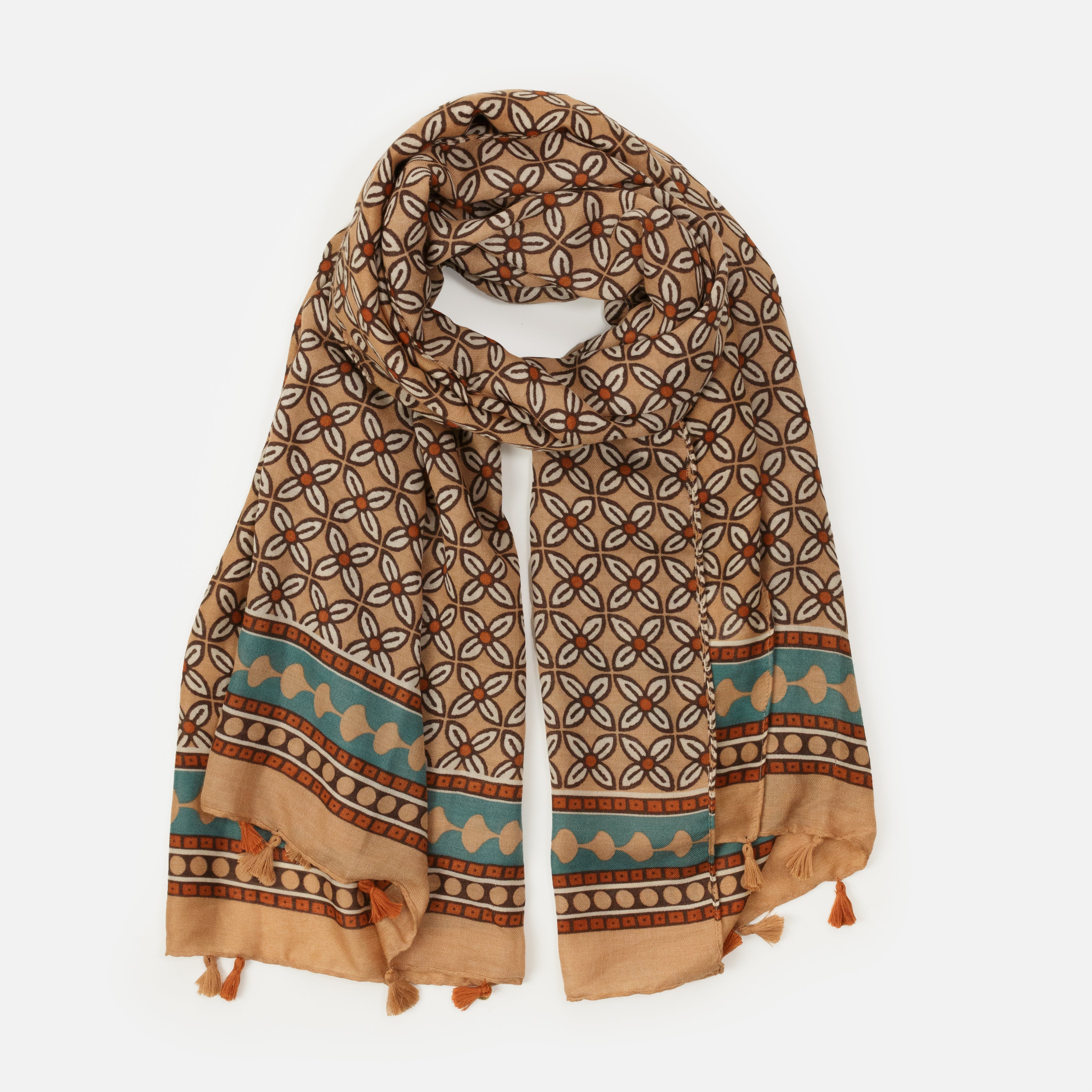 Foulard léger à imprimé floral brun et turquoise avec pampilles