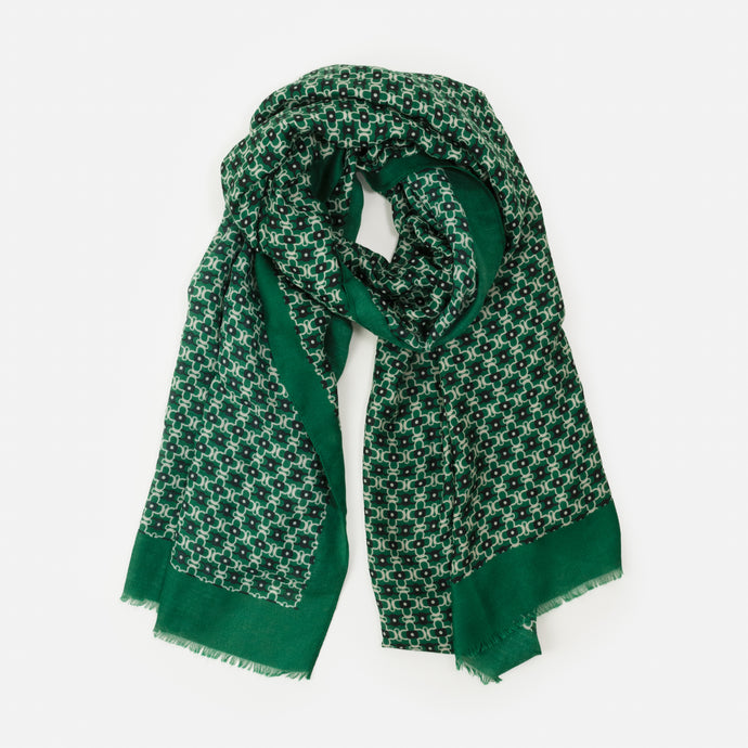Foulard léger vert à imprimé de petites fleurs ivoire et marine