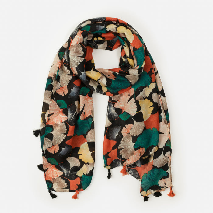 Foulard léger fleurs épanouies multicolores avec pampilles