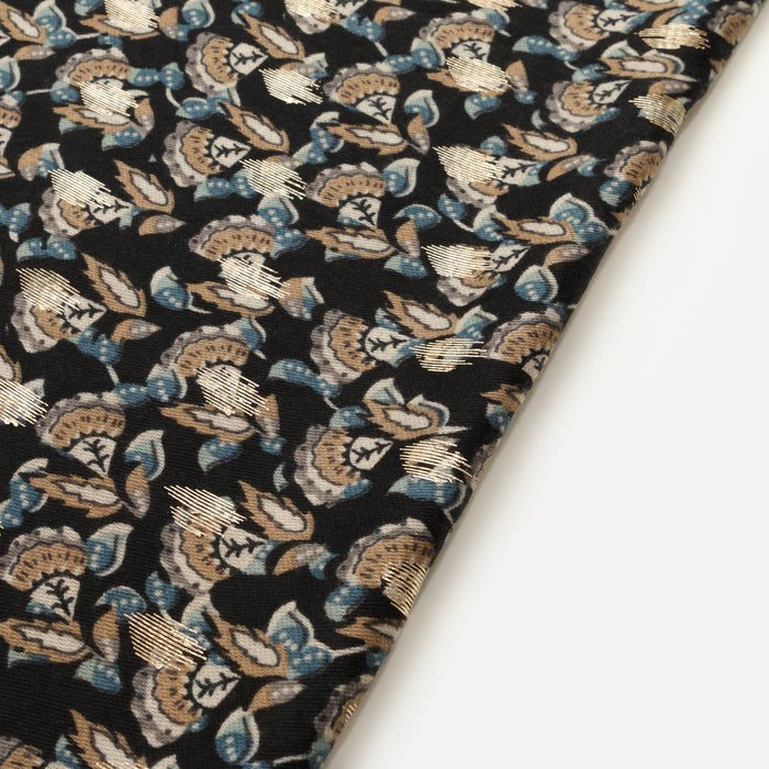 Foulard léger marine et beige à imprimé floral avec touches dorées