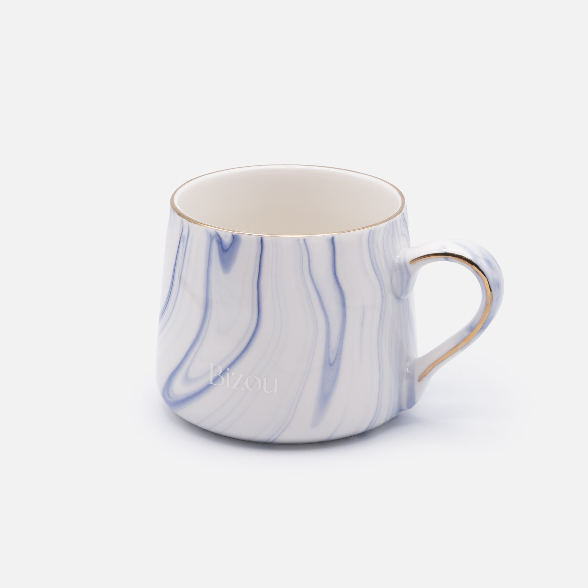 White ceramic mug with blue marbling