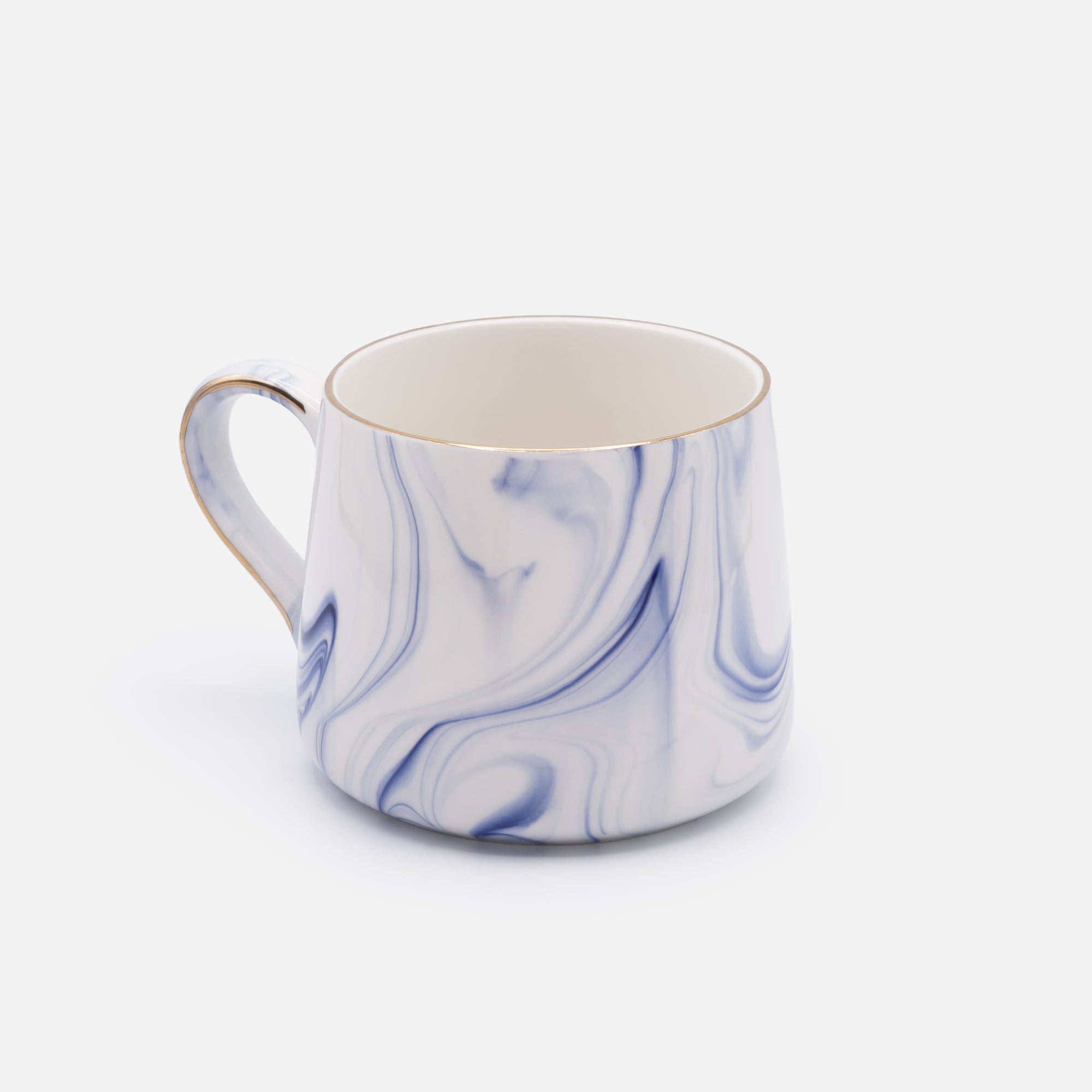 White ceramic mug with blue marbling