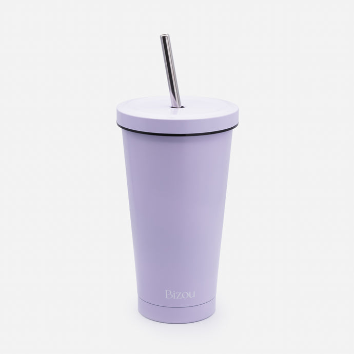 Tasse de voyage lilas avec paille en acier inoxydable