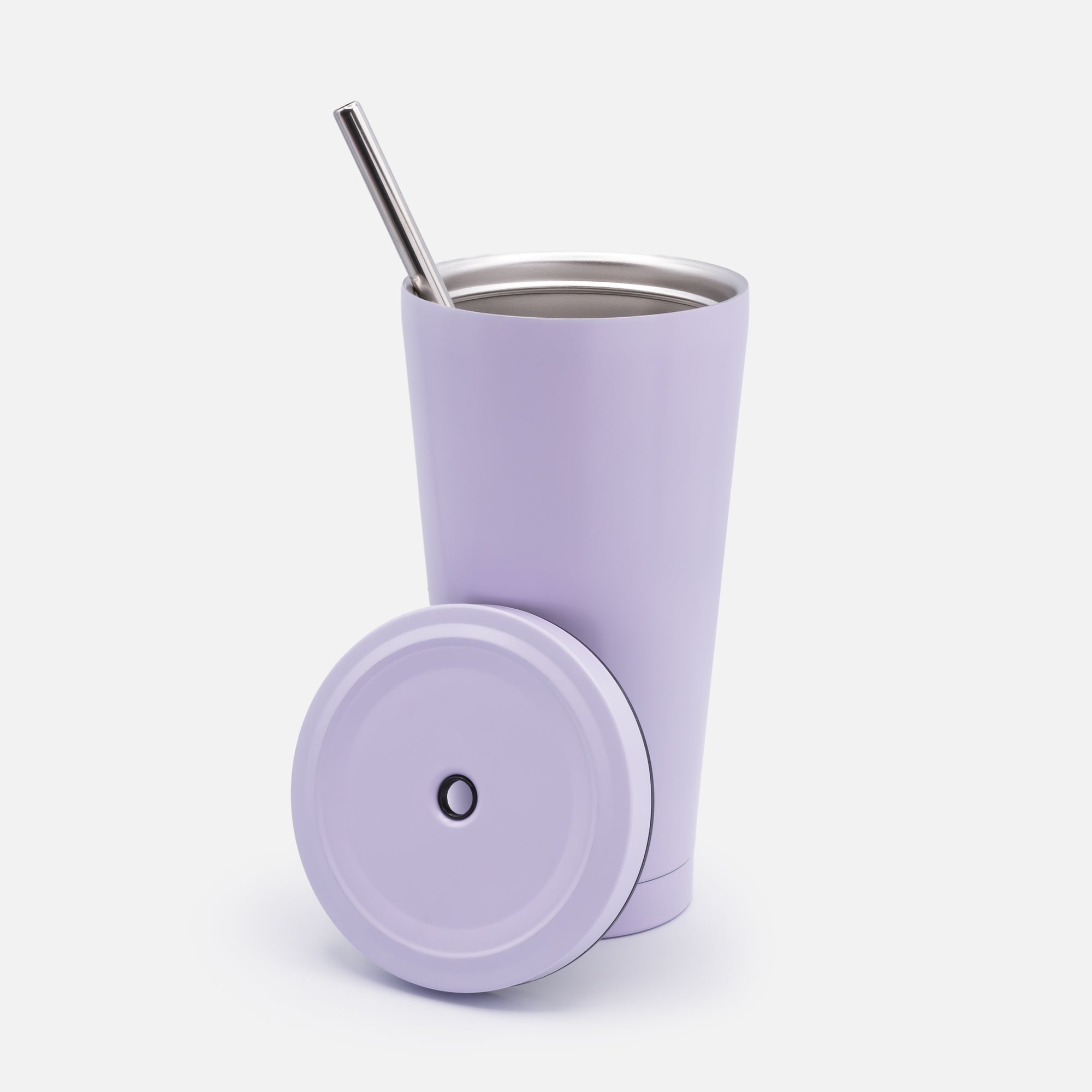 Tasse de voyage lilas avec paille en acier inoxydable