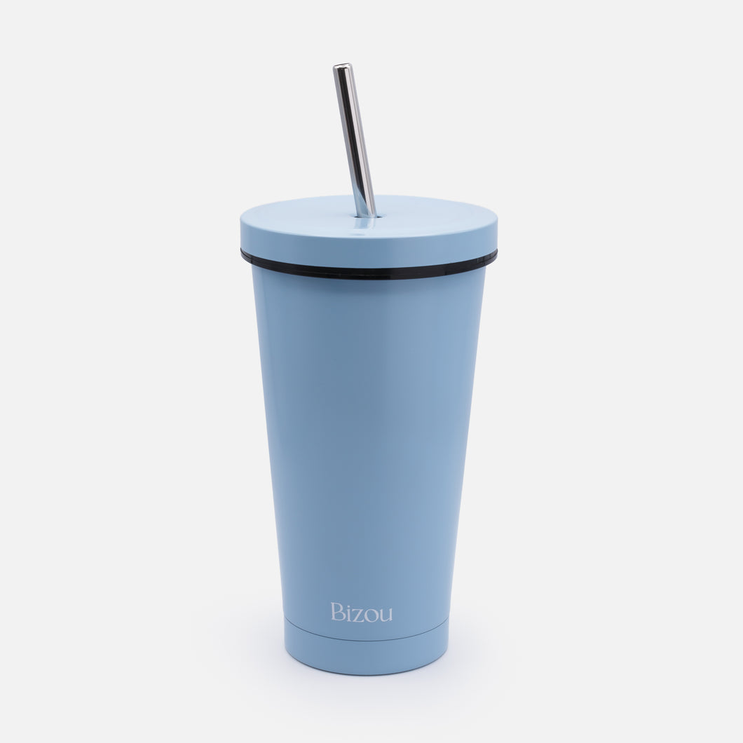 Blue-gray travel mug with stainless steel straw