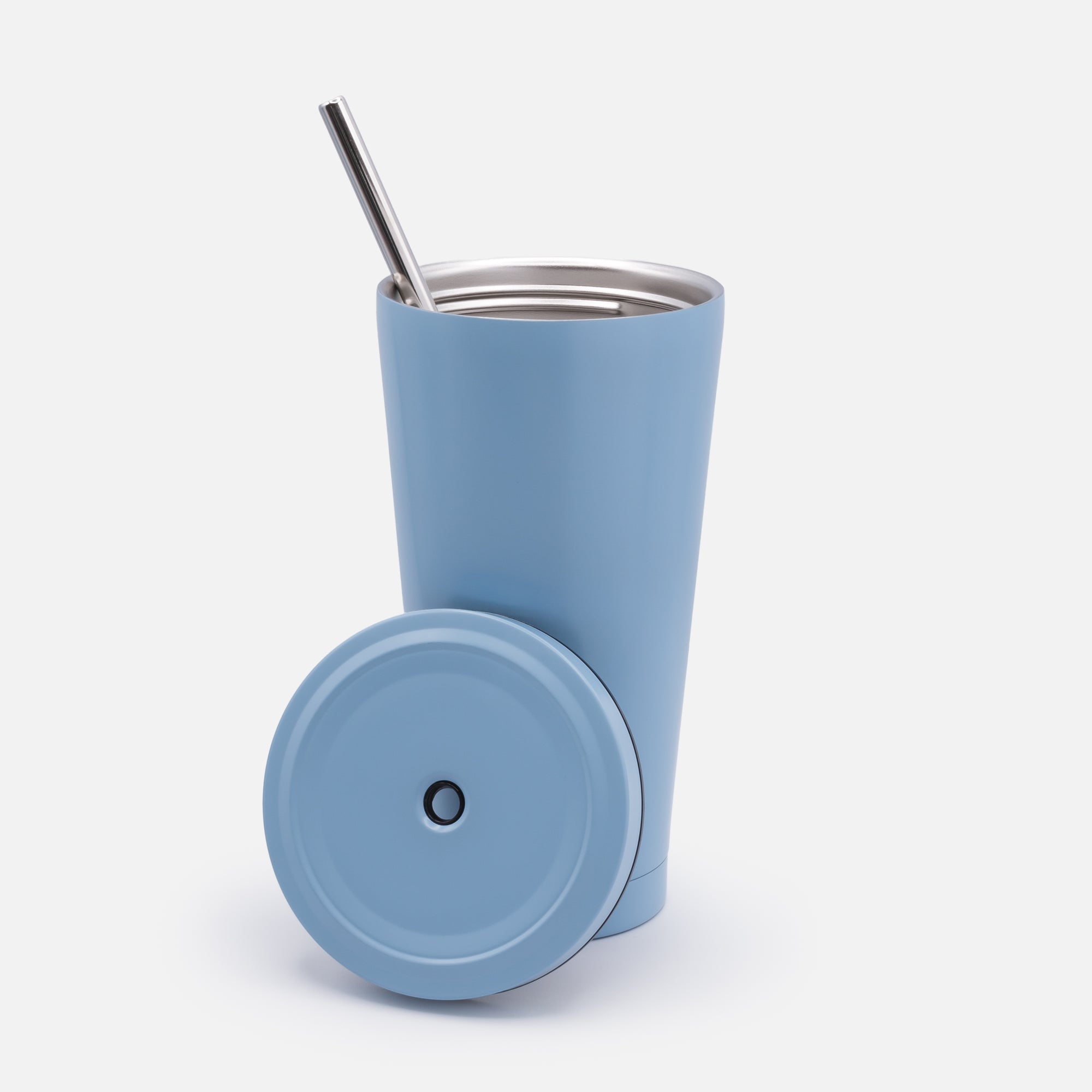 Blue-gray travel mug with stainless steel straw