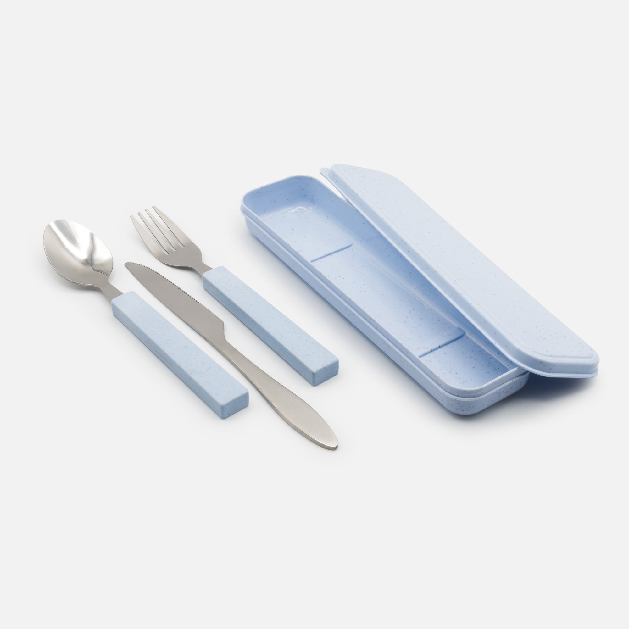 Set of three utensils with pale blue speckled carrying case