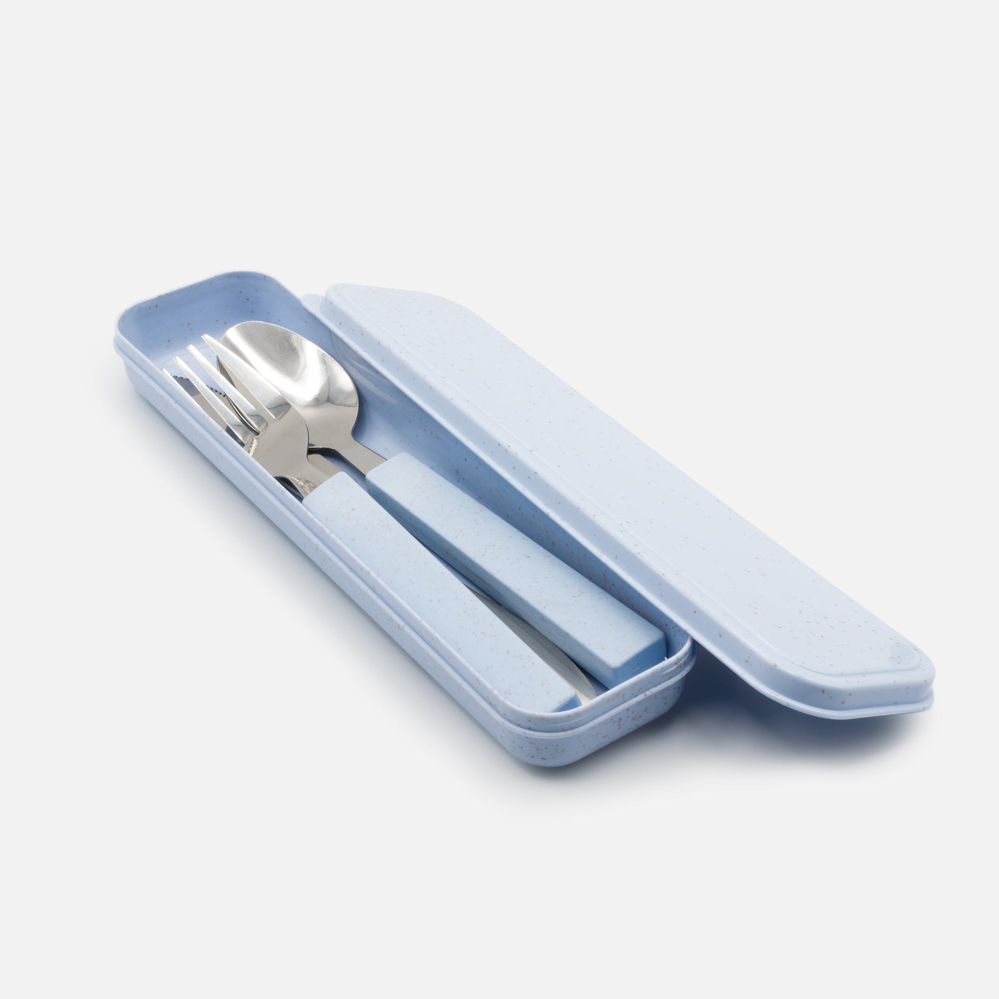 Set of three utensils with pale blue speckled carrying case