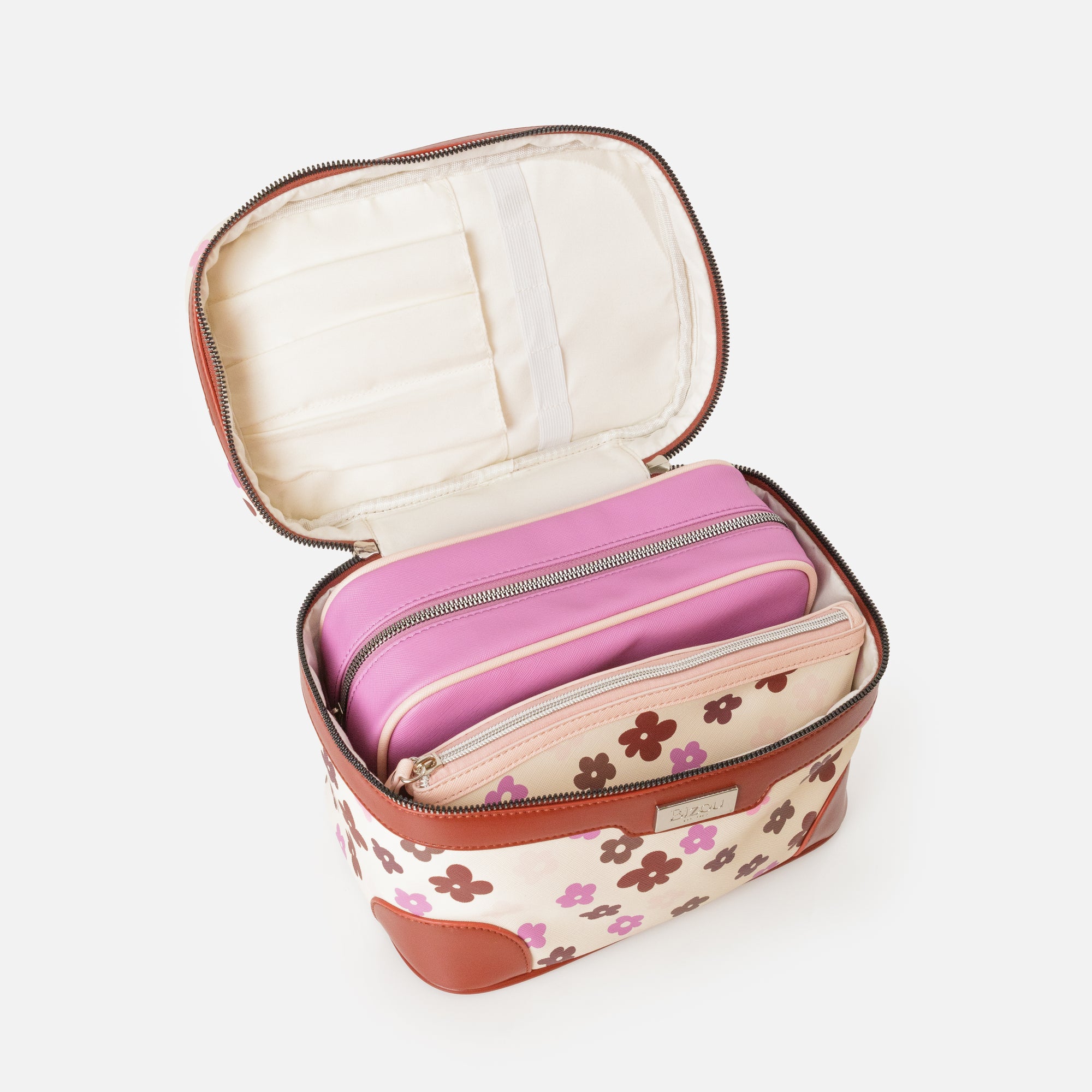 Pochette à cosmétiques 3 en 1  beige avec fleurs colorées