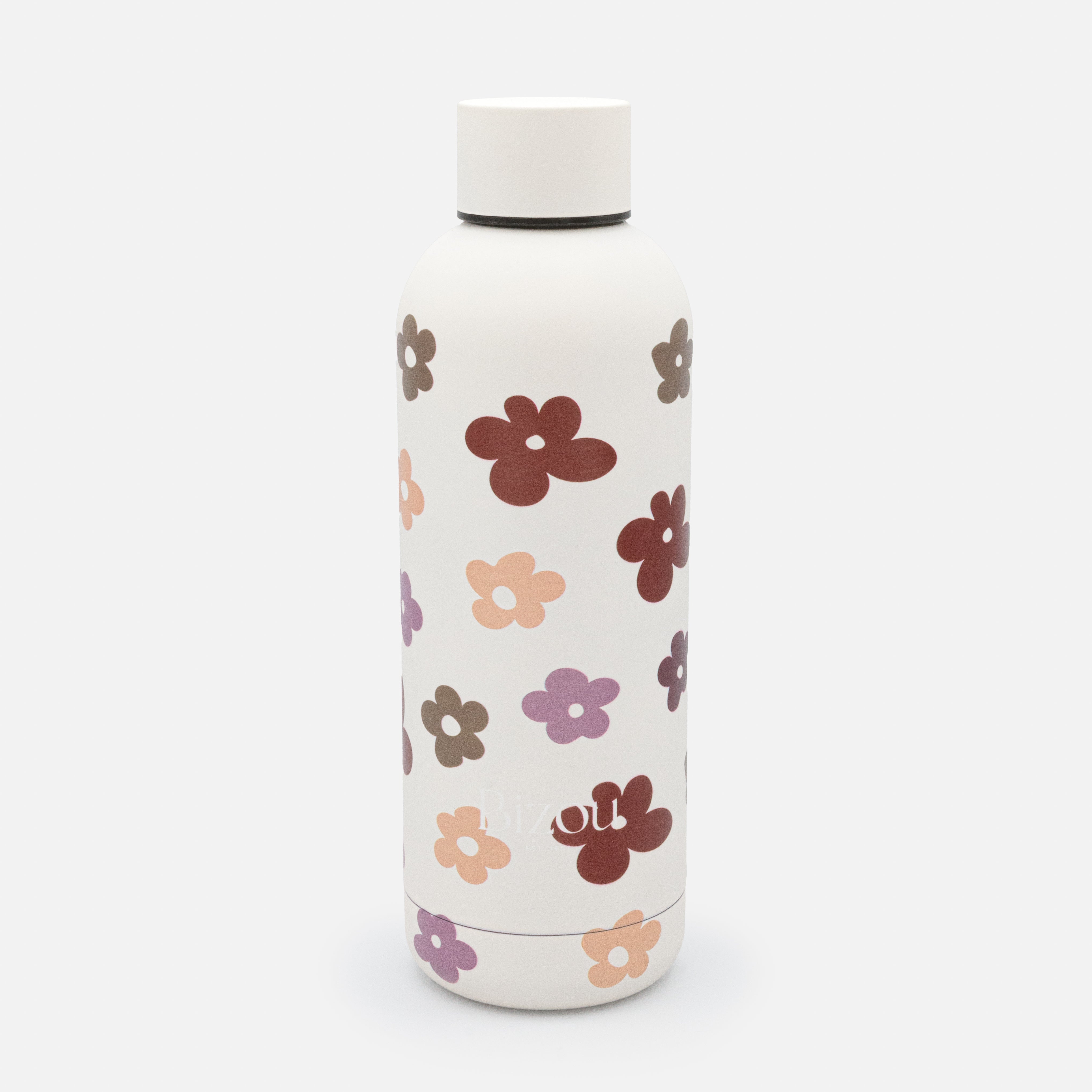 Bouteille d'eau blanche avec fleurs colorées en acier inoxydable