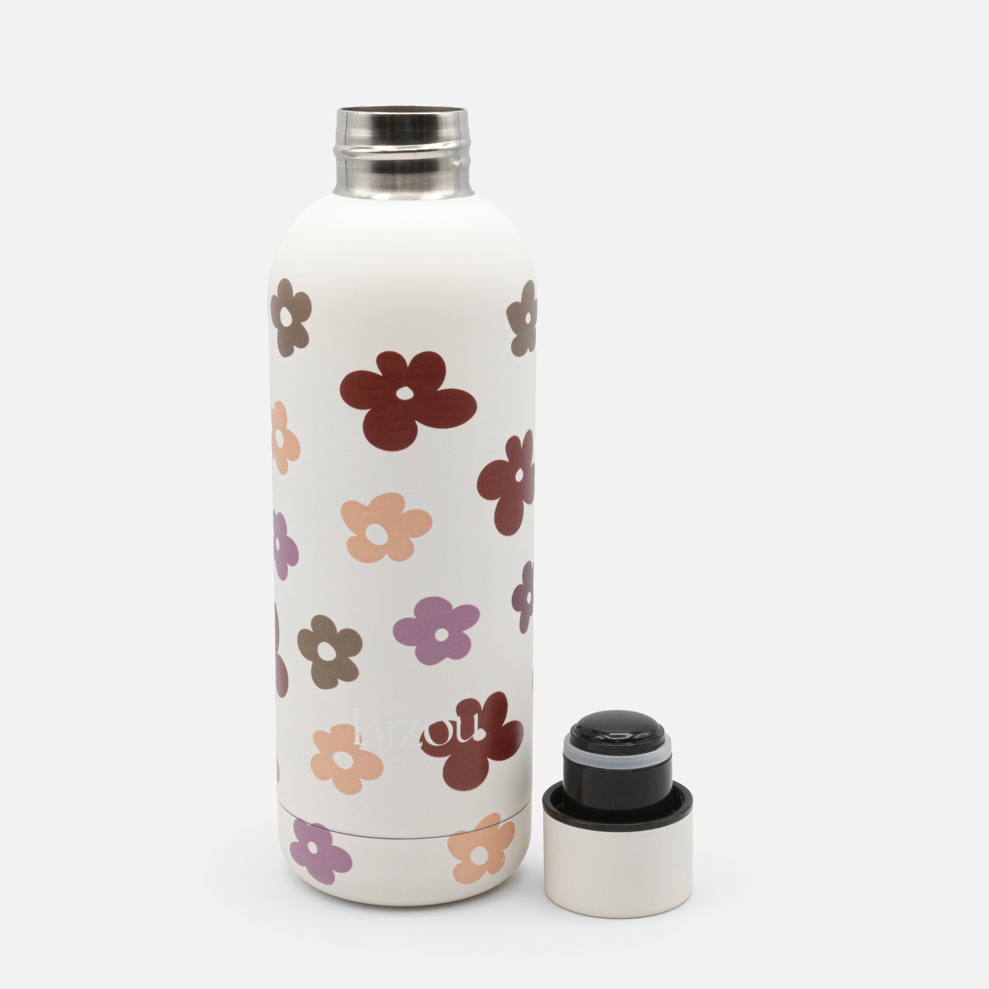 Bouteille d'eau blanche avec fleurs colorées en acier inoxydable