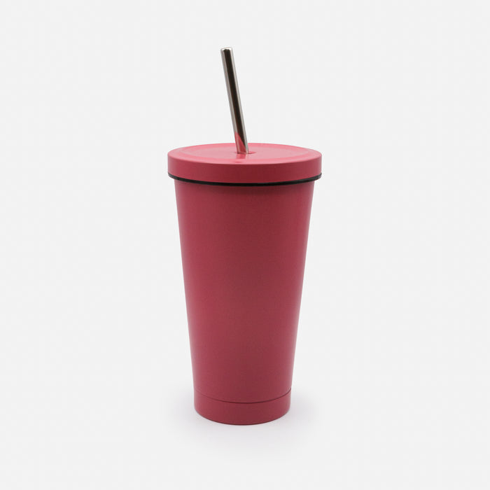 Tasse de voyage rouge cerise avec paille en acier inoxydable
