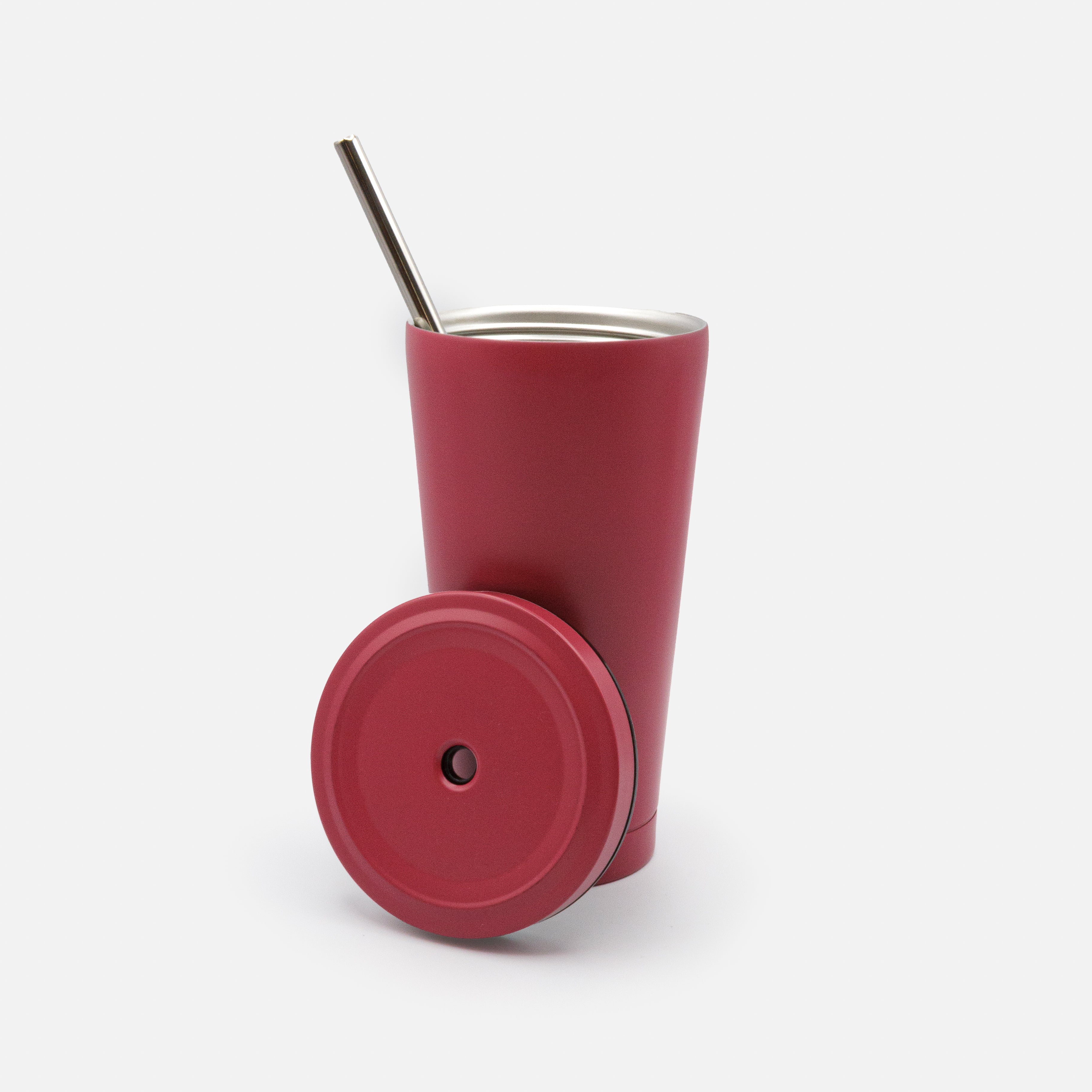 Tasse de voyage rouge cerise avec paille en acier inoxydable